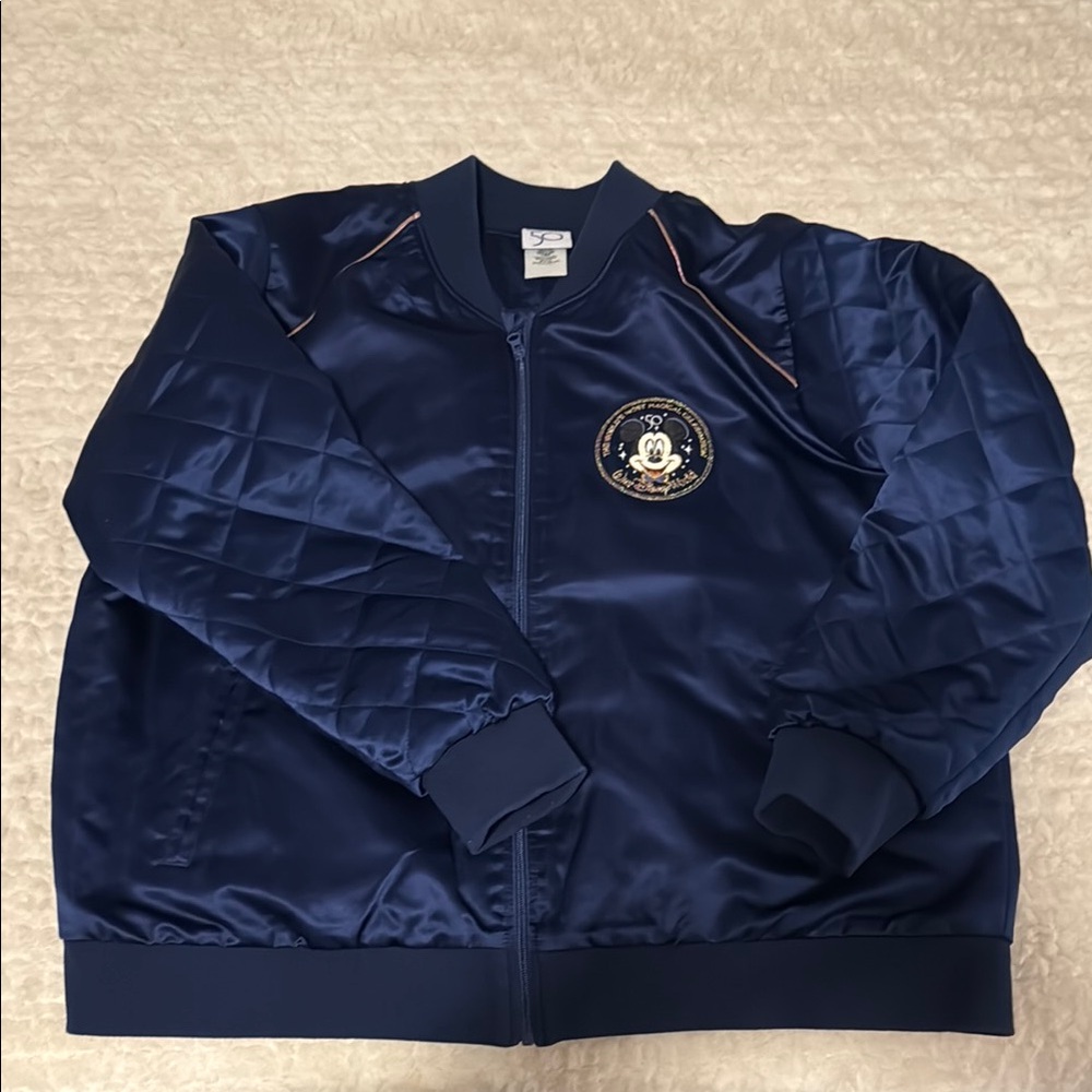 Disney World 50th Anniversary Mickey Mouse Navy Satin Bomber Jacket